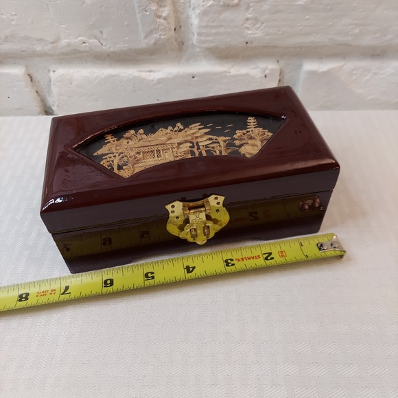 Vintage Handcarved Cork in Wood Laquered Jewelry Box Red Fabric Lined Chinese - Picture 12 of 12